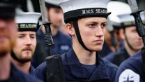 The Royal Navy State Ceremonial Team are putting Royal Navy Personnel through their paces at HMS COLLINGWOOD in Fareham, Hampshire 30th May 2022 ahead of the Queens Platinum Jubilee Pageant in London on Sunday