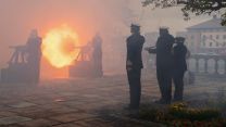	The gunnery crew fire the 21 gun salute for the Kings Coronation at HMS Drake in Plymouth 
