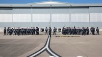 The parade of 120 Squadron waits on the Parade Square for the parade to begin when the VIP, Deputy Commander Operations (DCom Ops), Air Marshal Gerry Mayhew arrives at RAF Lossiemouth 01092021 CREDIT MOD
