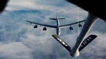 US Air Force B-52 Stratofortress strategic bombers flew a marathon NATO mission from North Dakota in the United States to the North Sea (Picture: NATO TV). US AIR FORCE B-52 STRATOFORTRESS STRATEGIC BOMBER AFTER BEING REFUELLED 091121 CREDIT NATO TV.jpg