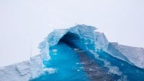 Vertical sides of A68a iceberg uncovers tunnels under the iceberg, as well as deep fissures extending downwards.