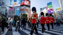 WO2 Drum Major Fitzgerald, Lance Corporal Bucknell, Musician Wu and Colour Sergeant Evans walk across the iconic and busy Shibuya crossing in Japan (Picture: MOD)