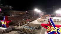 Wide shot of North Korea's nighttime military parade 