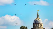 Wildcat, Merlin, Apache, Chinook and Puma helicopters above RAF College Cranwell