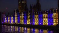 Ukrainian colours light up the river frontage of the Palace of Westminster (Picture: MOD)