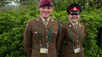 Private Neon O'Brien, 21, British Army, 2nd Battalion, The Parachute Regiment and Kerry Richards, 25, British Army, Adjutant General Corps (SPS) before taking their posts at Centre Court, Wimbledon