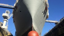 HMS Albion's bulbous bow, which would usually sit just below the waterline