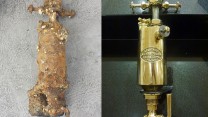 The brass lubricator from the wreck before and after recovery and clean up - 
Copyright Swanage Boat Charters Ltd