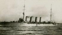 Postcard showing HMS Falmouth at sea. Courtesy WD Cocroft
