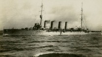 HMS Falmouth - Postcard showing the ship at sea shortly before she was commissioned in September 1911. Courtesy WD Cocroft