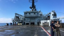 Aviation Officer, Lieutenant Sebastian Gamwell and Forces TV's minder, Officer Jay Dyson, on board HMS Bulwark