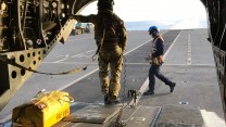 Leaving HMS Ocean for the last night on Bulwark, on a Chinook 