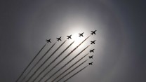 The Royal Air Force Aerobatic Team, The Red Arrows, Passing over RAF Cranwell in the "Big Battle" Formation.

Photo Crown Copyright 2011