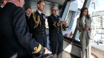 HRH Prince Edward, The Duke of Edinburgh, and businesswoman Akshata Murty on the bridge of Proteus (Picture: MOD).