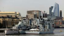 RFA Proteus alongside HMS Belfast in London, on 9 October 2023, ahead of her Service of Dedication on 10 October 2023 (Picture: MOD).