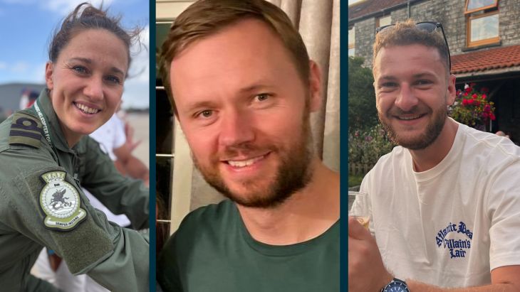 Lieutenant Lily-Mae Fisher, Lieutenant Commander Chris Gayson and Petty Officer Owen Green died when the Merlin Mk4 crashed in a field in Devon (Picture: MOD/BFBS composite)