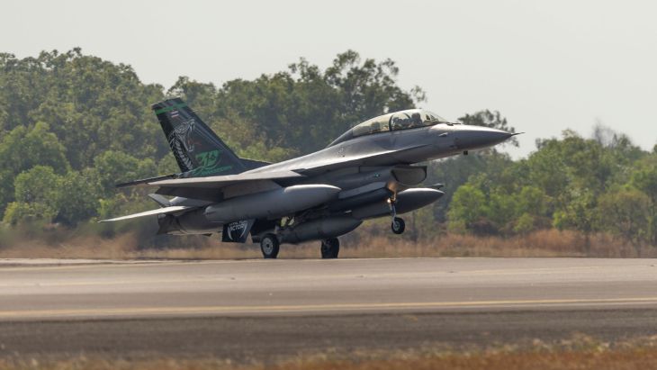 An F-16 Fighting Falcon flown by the Royal Thai Air Force taking off during Ex Pitch Black 2026 (Picture: Royal Australian Air Force)