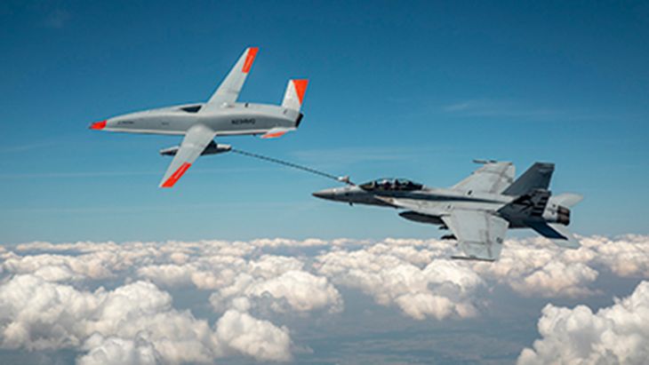 MQ-25 refueling a US Navy FA 18 Super Hornet, the first time an unmanned aircraft has refueled another aircraft (Picture: Boeing)