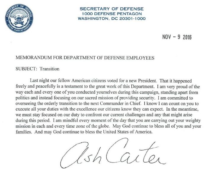 Letter from US Defense Sec Ash Carter to personnel