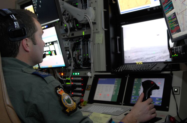 A pilot from 39 Sqn remotely controls a Reaper MQ-9 Unmanned Aerial Vehicle