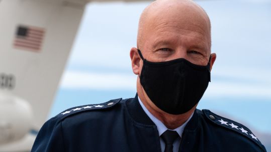 Cover image: Gen Raymond at Peterson Air Force Base  last week (Picture: US Department of Defense).