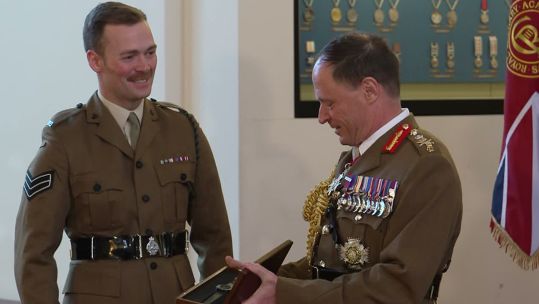 Cpl Luke O'Neill, of 1 Rifles, was presented with the first Fitzgibbon Award at Sandhurst