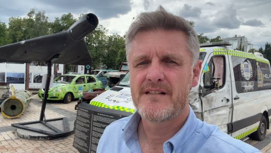 Simon Newton in front of Russian Shahed drone in Ukraine (Picture: BFBS)