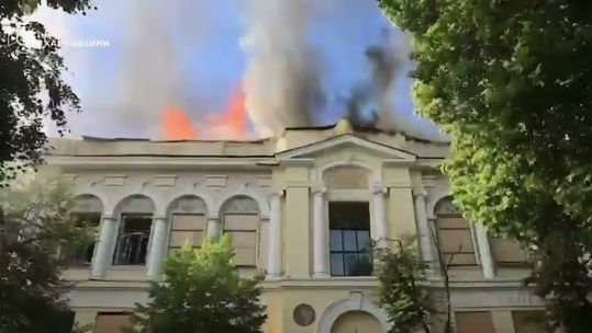 The building, which had already survived the Great Patriotic War, was badly damaged by the missile, with workers scrambling to save the artworks inside