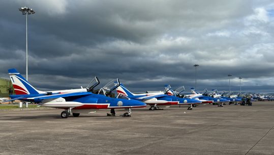 Alpha Jets flown by the Patrouille de France on an airfield