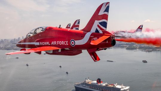 Hawk T1 jets from the Red Arrows joined more than 150 other aircraft in a stunning 4 July flypast over New York marking 250 years of US independence