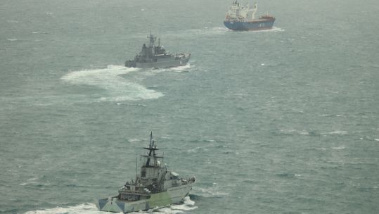 A previous instance when HMS Tyne and a Wildcat helicopter monitored two sanctioned Russian cargo ships in UK waters (Picture: MOD)