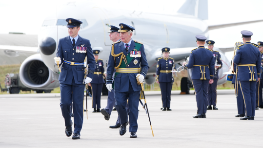 060825 King Charles inspects 42 Squadron, during a visit to RAF Lossiemouth in Moray to re-present a Squadron Standard CRED PA.