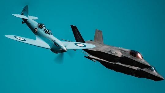 The Spitfire flies in formation with two F-35s as it makes its way to RAF Coningsby on the first leg of its round-Britain tour