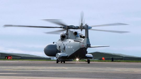 The Merlin with its Crowsnest radar system takes off for Cyprus