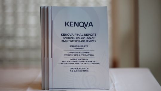 The final Kenova report by the PSNI into Stakeknife, the British Army's top agent inside the IRA in Northern Ireland during the Troubles in display at the Stormont Hotel in Belfast 