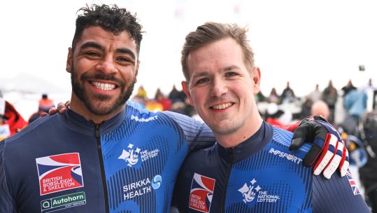 10012026 Royal Marine Taylor Lawrence and Brad Hall after GB bobsleigh bronze at St Moritz Credit IBSF.jpg