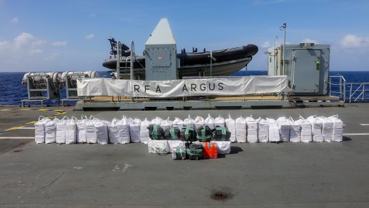 Cover image: Seized narcotics on RFA Argus' flight deck (Picture: Royal Navy).