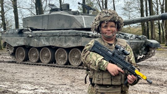 11 year old Noah who, thanks to Make A Wish UK and the Royal Tank Regiment, got to be a tank commander for a day 