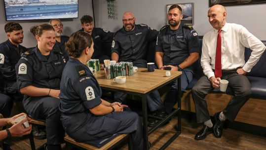 Mr Healey meets with the ship's crew of HMS Prince of Wales during its visit to Tokyo as part of the Carrier Strike Group deployment to the Indo-Pacific in 2025 (Picture: MOD)