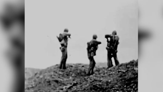 Footage from the Battle of Sugar Loaf Hill in Okinawa, Japan, in May 1945