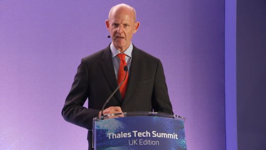 Rupert Pierce, the newly appointed National Armaments Director, speaking at the Thales Tech Summit (Picture: BFBS)