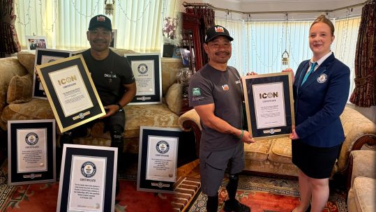 His other records include becoming the first double above-knee amputee to summit other major peaks (Picture: Guinness World Records)