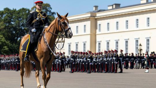 Officer cadets on parade in front of Old College at the Royal Military Academy Sandhurst during the Sovereign's Parade