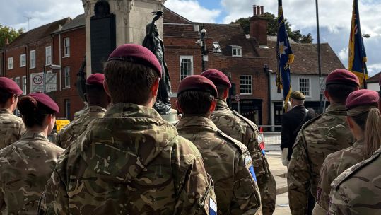 Airborne soldiers from several units attended the service at the war memorial (Picture: BFBS) 