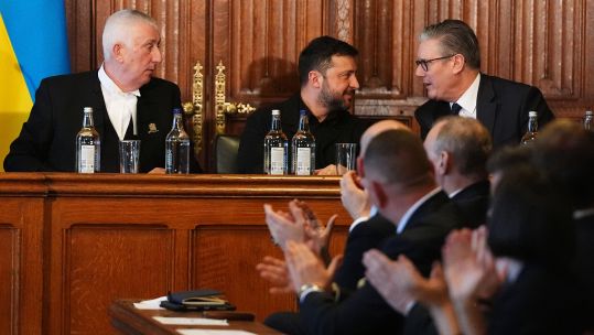 Speaker of the House of Commons Sir Lindsay Hoyle, Ukrainian President Volodymyr Zelensky and Prime Minister Sir Keir Starmer following President Zelensky's speech 