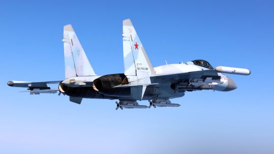 Russian Su-35s - including this one - and Su-27 jets flew alongside an RAF Rivet Joint over the Black Sea, coming as close as six metres of the Rivet Joint's nose, disabling its autopilot CREDIT MOD