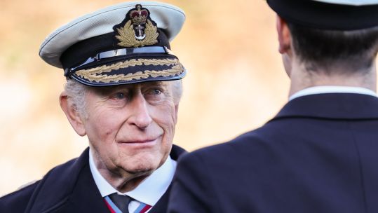 His Majesty the King inspects the ranks in the Royal Guard at Britannia Royal Naval College Dartmouth