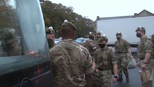 2 SCOTS set off from Glencorse Barracks for RAF Wittering to quarantine ahead of deployment to Afghanistan on Op Toral 131020 CREDIT BFBS