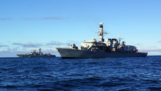 HMS Somerset, a Type 23 Frigate shadows the Vice Admiral Kulakov 