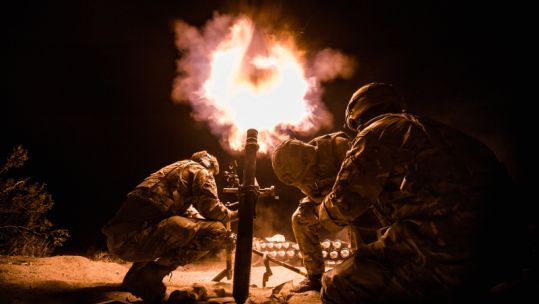 Royal Marines from 40 Commando Mortar Troop conduct a live firing night shoot on Exercise Green Dagger 2019 in the Californian Desert. Crown Copyright